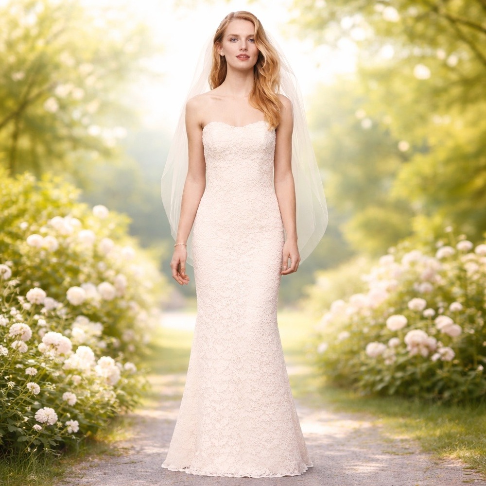 Galina Bridal Strapless Lace Wedding Dress Size‎ 2 White Sheath Gown WG3885